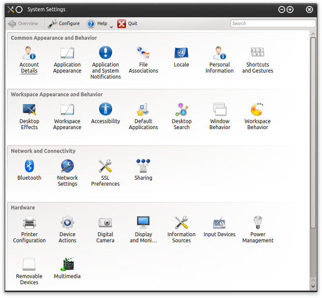 KDE settings menu